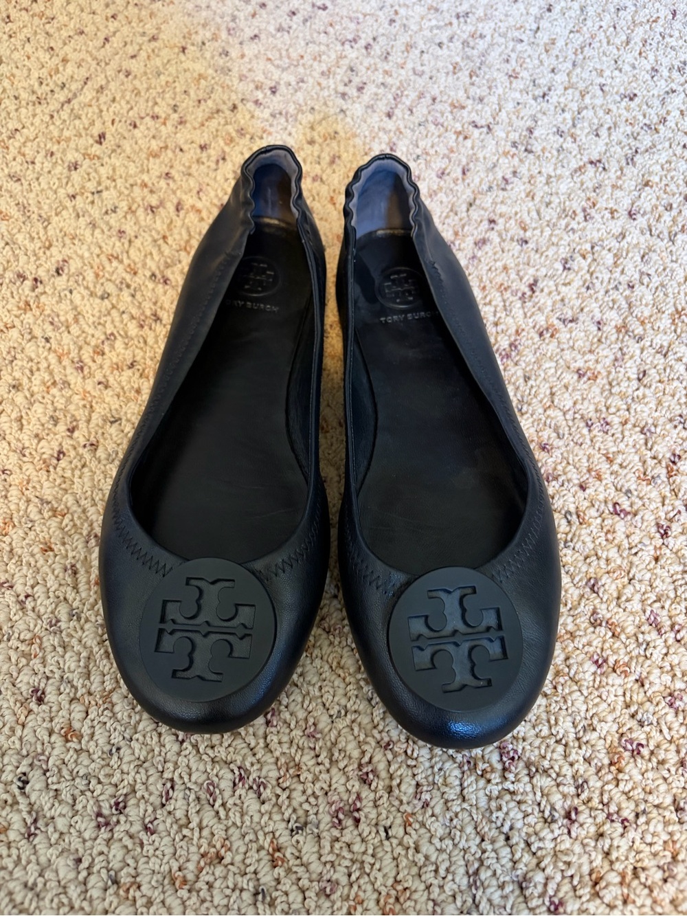 Tory Burch Black Leather Logo Round-Toe Ballet Flats